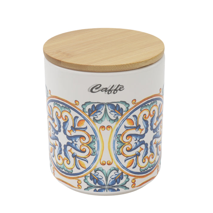 BARATTOLO DA CAFFÈ TONDO 10 X H 12 CM CON DECORI E TAPPO IN LEGNO