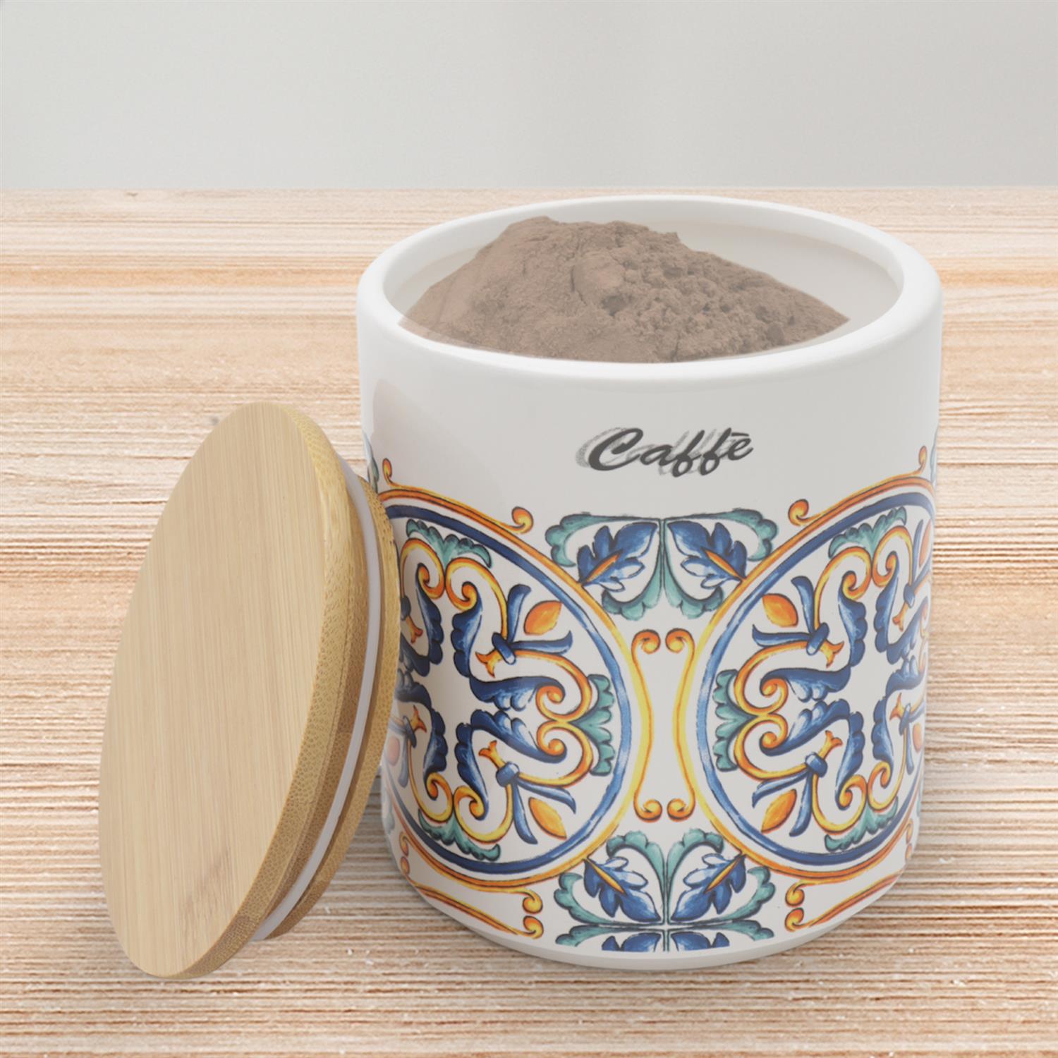 BARATTOLO DA CAFFÈ TONDO 10 X H 12 CM CON DECORI E TAPPO IN LEGNO