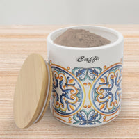 BARATTOLO DA CAFFÈ TONDO 10 X H 12 CM CON DECORI E TAPPO IN LEGNO