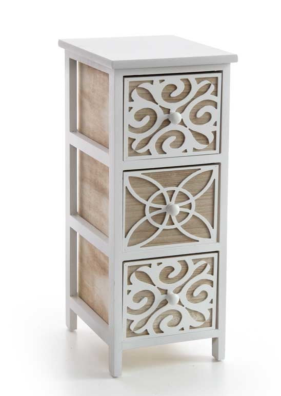 CASSETTIERA DA ARREDO DECORATA CON 3 CASSETTI 26X32XH62CM LEGNO E BIANCO