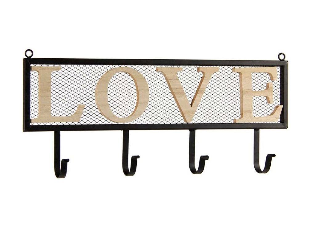 APPENDINO IN METALLO CON APPLICAZIONE IN LEGNO SCRITTA LOVE 46 X 20 X 6 CM