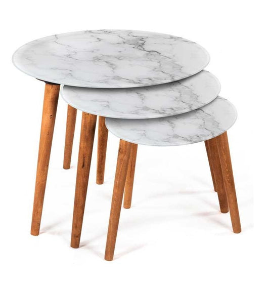 TAVOLINI ELIT SET 3 PZ IN LEGNO CON EFFETTO MARMO CHIARO FORMA TONDA