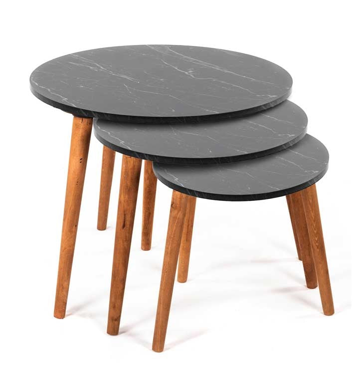 SET 3 TAVOLINI TONDI IN LEGNO CON PIANO EFFETTO MARMO39/44/49 H COLORE NERO