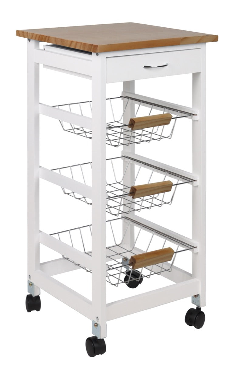 MAURY'S CARRELLO PORTAFRUTTA CON 3 CESTI IN COLORE BIANCO TOP LEGNO 37X37X76 H CM