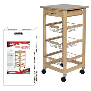 MAURY'S CARRELLO PORTAFRUTTA DA CUCINA CON 3 CESTI IN LEGNO 37 X 37 X H76 CM