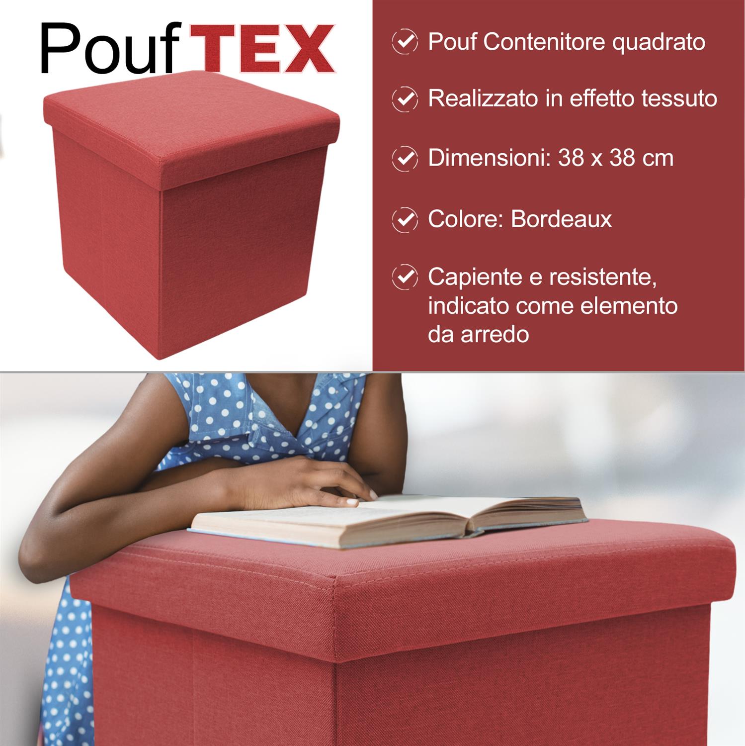 POUF LEA QUADRATO 38 X 38 CM IN COLORE BORDEAUX EFFETTO TESSUTO