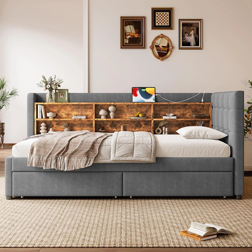 Divano letto 90x200cm?- Xylo - 2 cassetti USB-C lino grigio