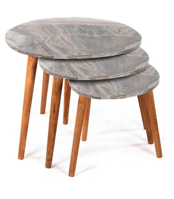 SET 3 TAVOLINI TONDI IN LEGNO CON PIANO EFFETTO MARMO39/44/49 H COLORE BEIGE