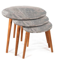 SET 3 TAVOLINI TONDI IN LEGNO CON PIANO EFFETTO MARMO39/44/49 H COLORE BEIGE