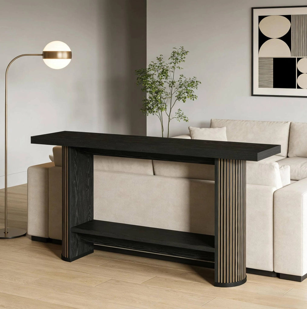 Tavolo consolle moderno in legno nero dal design stretto