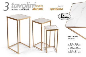 SET 3 TAVOLINI QUADRATI DA ARREDO H70/60/51CM EFFETTO MARMO BIANCO E ORO