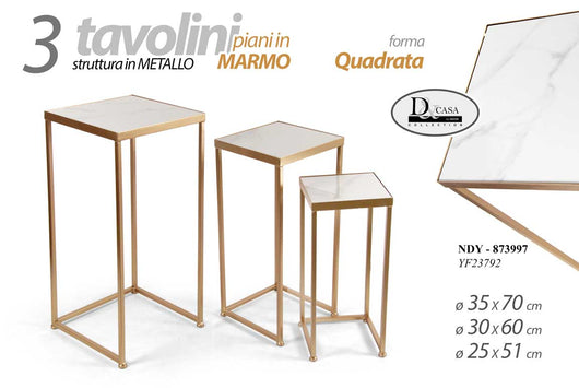 SET 3 TAVOLINI QUADRATI DA ARREDO H70/60/51CM EFFETTO MARMO BIANCO E ORO