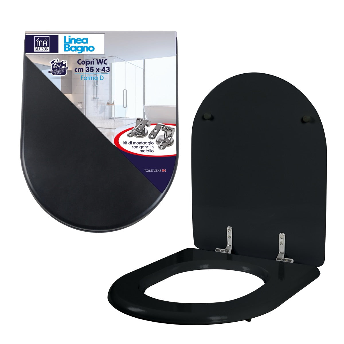 COPRI WC 35 X 43 CM FORMA D IN COLORAZIONE NERA + KIT CONGANCI IN METALLO