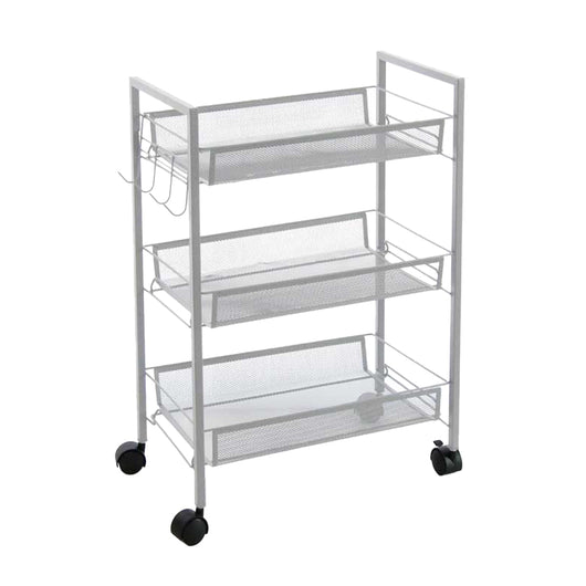 CARRELLO BIANCO DA CUCINA PORTAFRUTTA 45X27X63H CM STRUTTURA IN METALLO CON 3 RIPIANI + ROTELLE E APPENDI STROFINACCIO