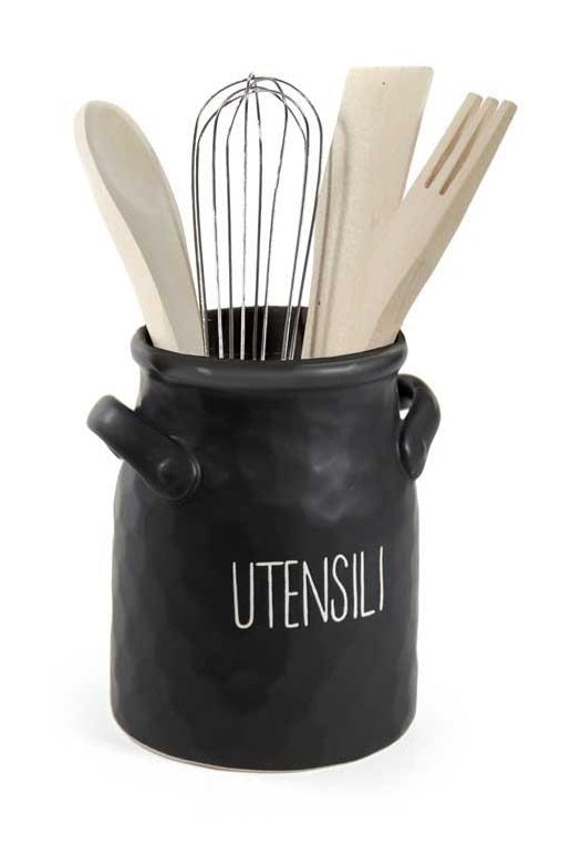 PORTA UTENSILI MODELLO ONDULATO 16 X 17 CM NERO CON TAPPO IN LEGNO
