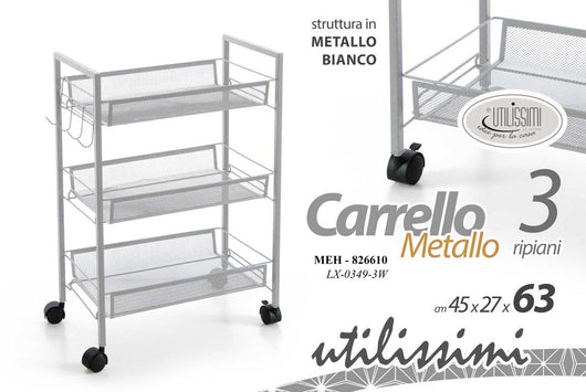 CARRELLO BIANCO DA CUCINA PORTAFRUTTA 45X27X63H CM STRUTTURA IN METALLO CON 3 RIPIANI + ROTELLE E APPENDI STROFINACCIO