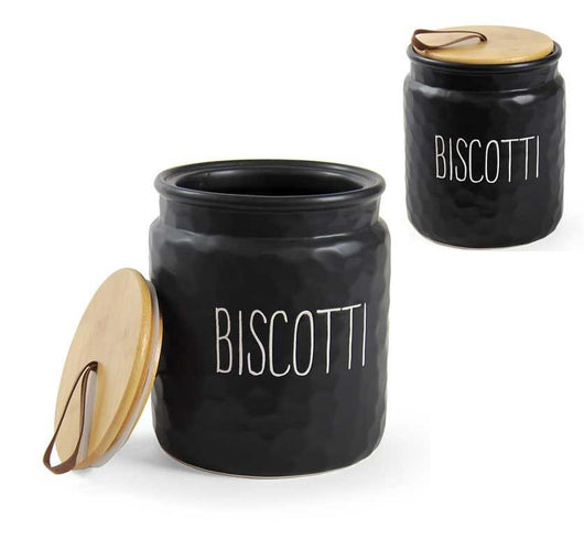 PORTA BISCOTTI MODELLO ONDULATO 15 X 18 CM NERO CON TAPPO IN LEGNO