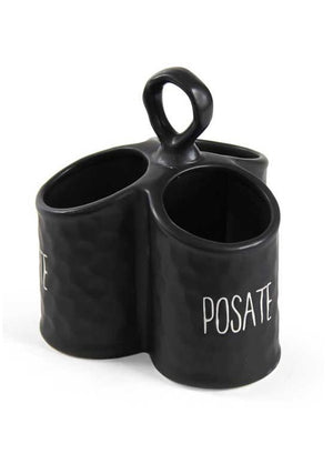 PORTA POSATE NERO MODELLO ONDULATO IN CERAMICA 17 X 18 CM