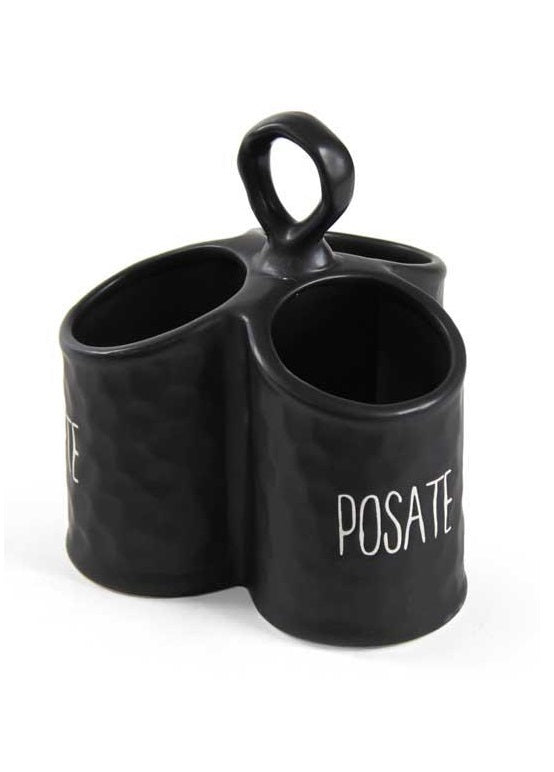 PORTA POSATE NERO MODELLO ONDULATO IN CERAMICA 17 X 18 CM