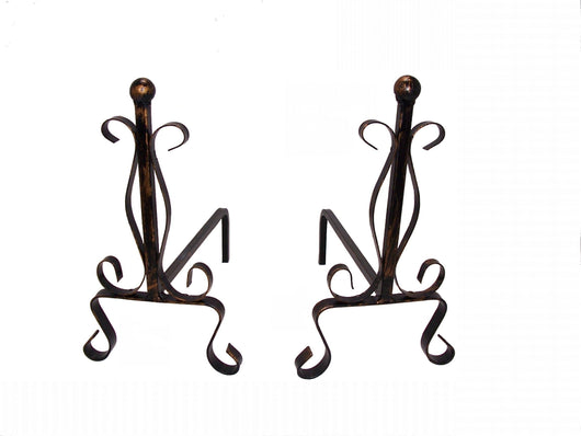 COPPIA DI ALARI IN FERRO BATTUTO CON POMOLO IN OTTONE 20 X 50 X H34 CM