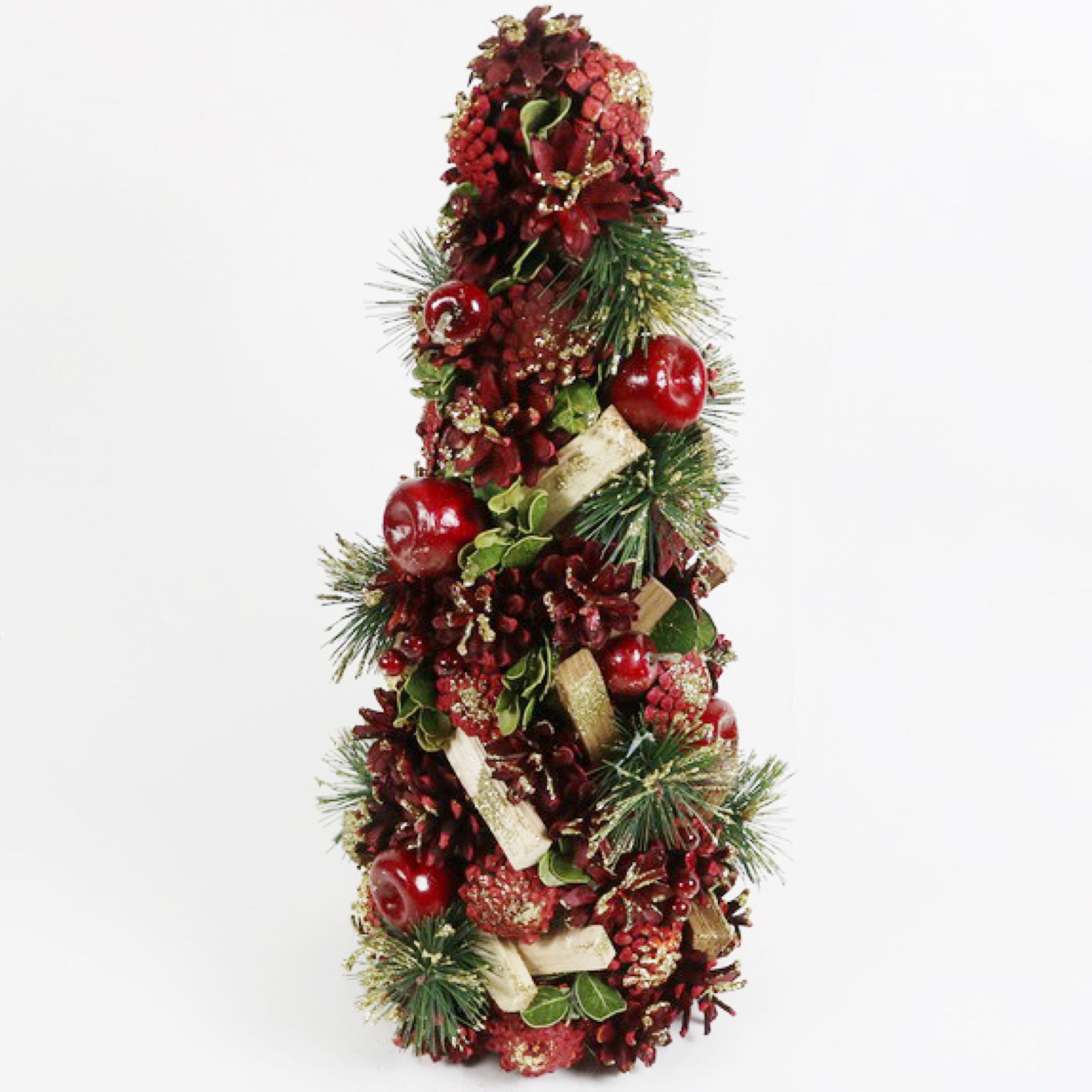 ALBERO DI NATALE A FORMA DI CONO ABBELLITO CON PIGNE E FRUTTI ALTEZZA 41 CM