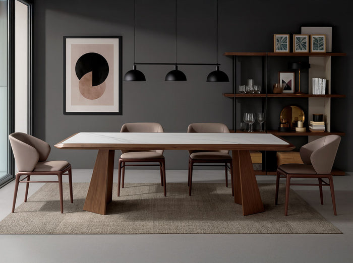 Tavolo da pranzo rettangolare marmo porcellanato e noce