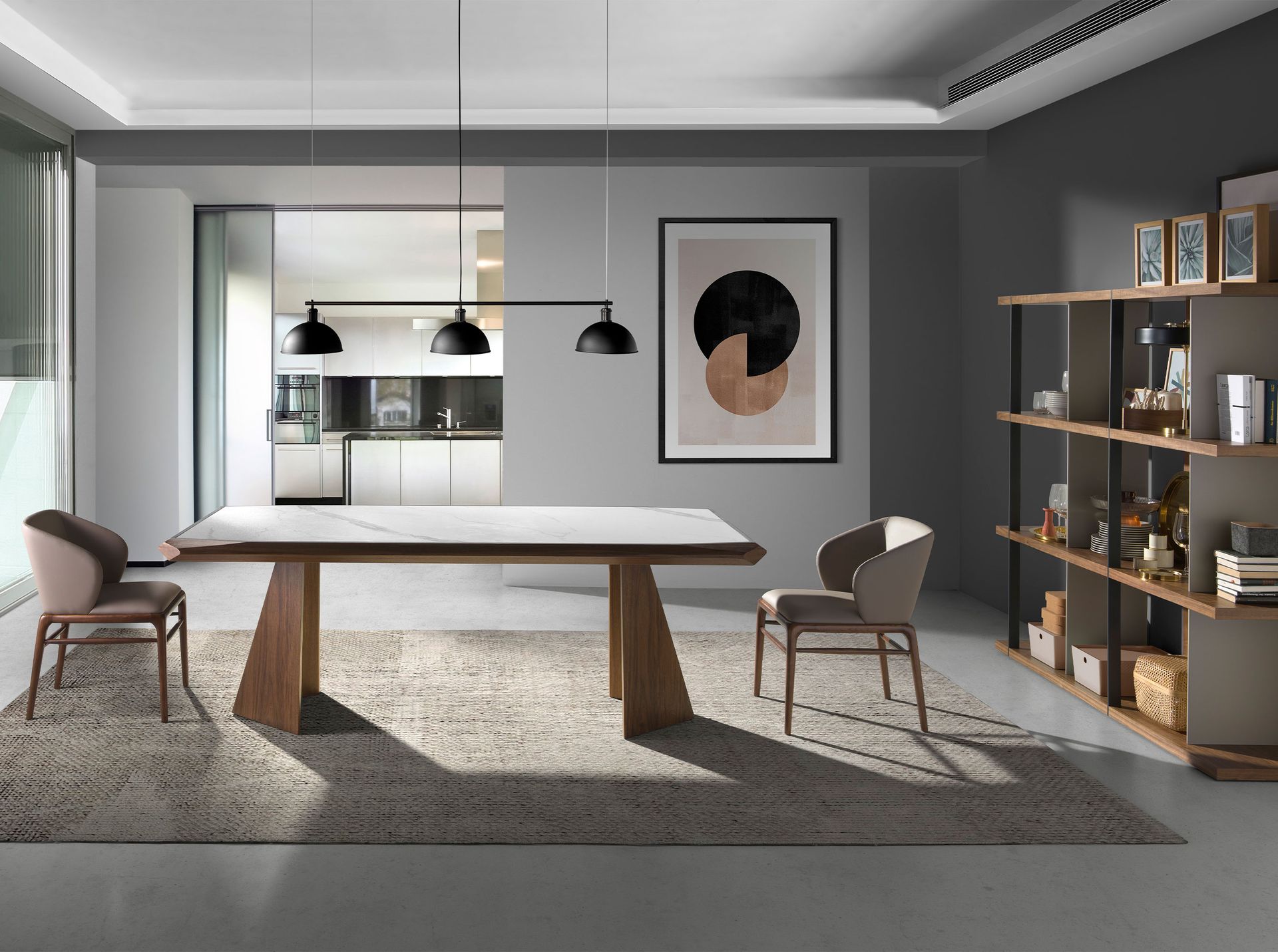 Tavolo da pranzo rettangolare marmo porcellanato e noce