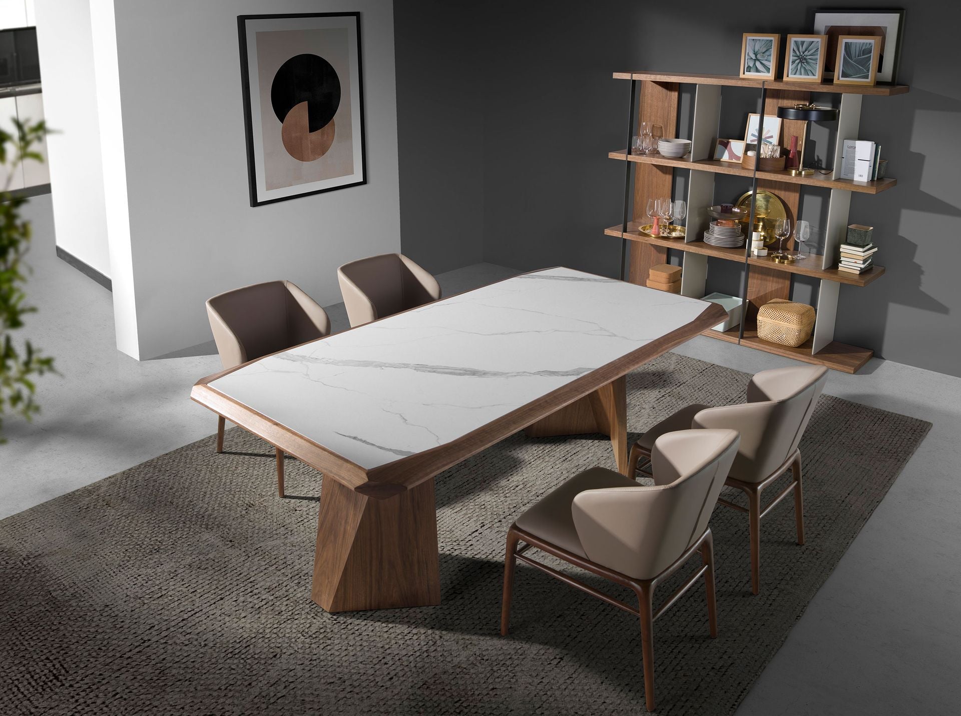 Tavolo da pranzo rettangolare marmo porcellanato e noce