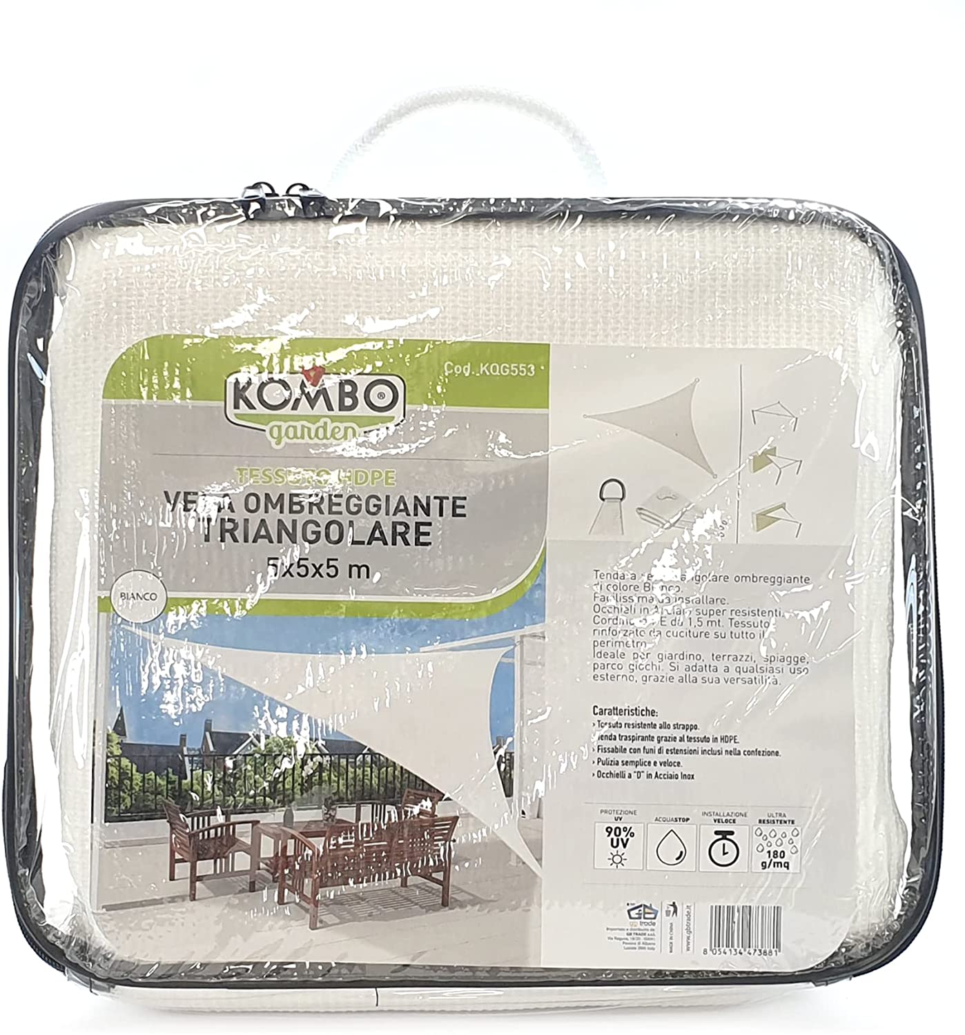 VELA OMBREGGIANTE TRIANGOLARE 5 X 5 X 5 MT IN COLORE BIANCO