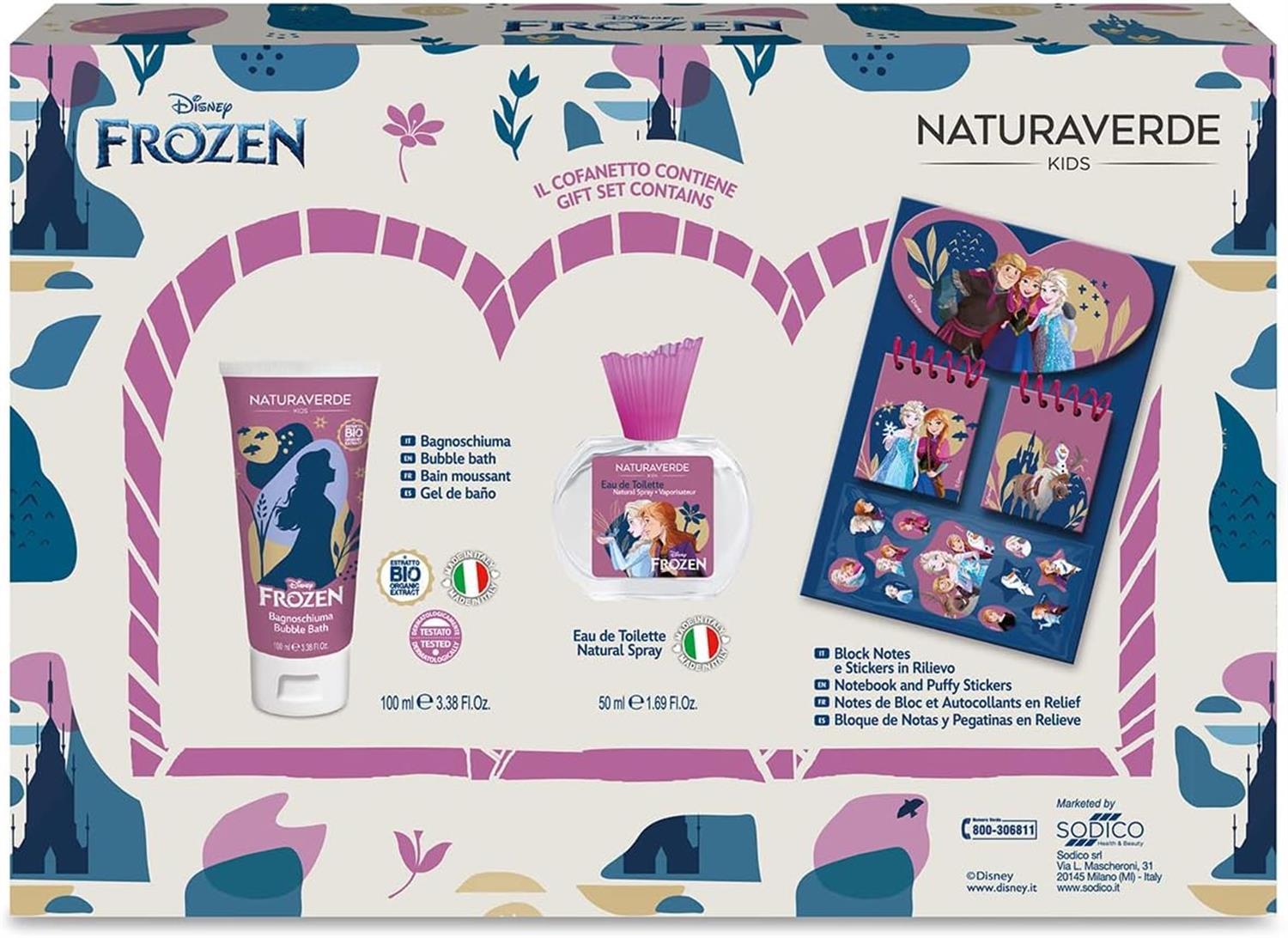 COFANETTO REGALO FROZEN CON PROFUMO, BAGNOSCHIUMA E BLOCK NOTES CON STICKER