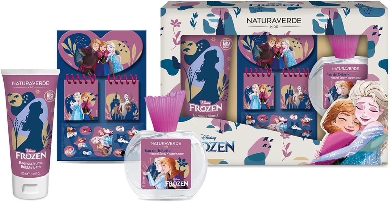 COFANETTO REGALO FROZEN CON PROFUMO, BAGNOSCHIUMA E BLOCK NOTES CON STICKER