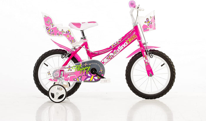 BICICLETTA FLAPPY 14 POLLICI ROSA BAMBINA CON ROTELLE SEGGIOLINO E CESTINO