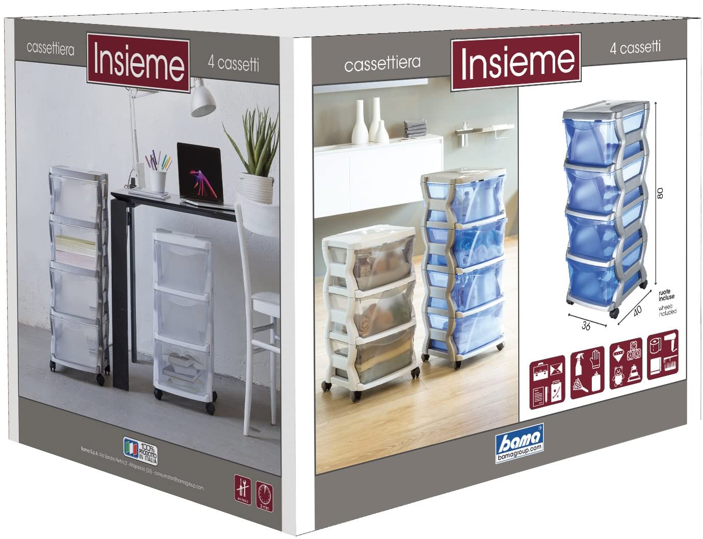 CASSETTIERA CON 4 CASSETTI CON RUOTE BIANCO 36 X 40 X 80 CM