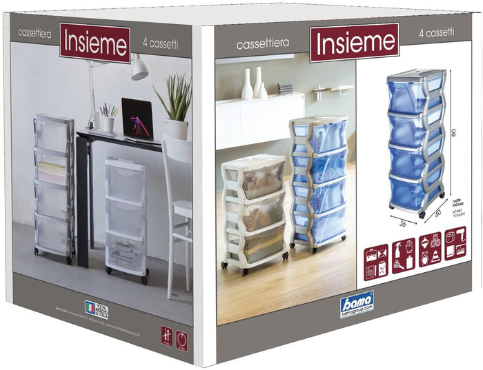 CASSETTIERA CON 4 CASSETTI CON RUOTE BIANCO 36 X 40 X 80 CM