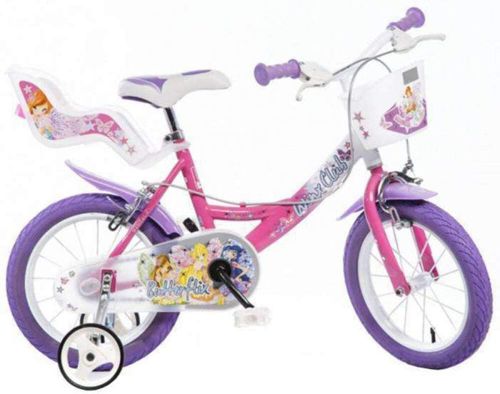BICICLETTA 14 POLLICI WINX BAMBINA CON ROTELLE SEGGIOLINO E CESTINO