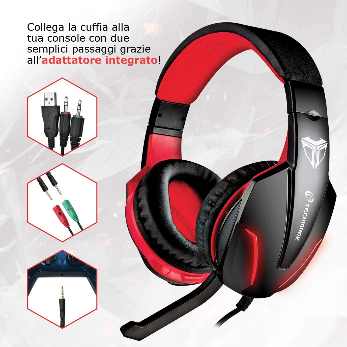 TECHMADE CUFFIE GAMING MULTIMEDIALI ROSSO/NERO PC CONSOLLE SMARTPHONE