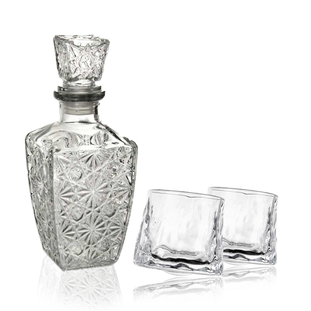 SET BOTTIGLIA DIAMOND IN VETRO DA 1 LITRO CON 2 BICCHIERI DA LIQUORE ROYAL CAPIENZA 150 ML