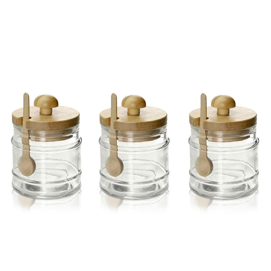 3 BARATTOLI DA CUCINA IN VETRO CON CUCCHIAIO E TAPPO IN LEGNO 8X11CM CAPIENZA 300 ML L'UNO