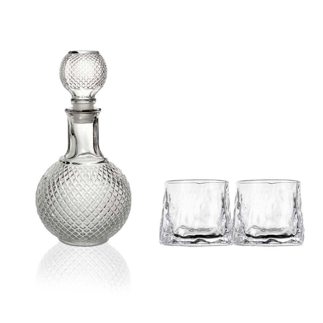 SET BOTTIGLIA SFERA IN VETRO DA 1 LITRO CON 2 BICCHIERI DA LIQUORE ROYAL CAPIENZA 150 ML
