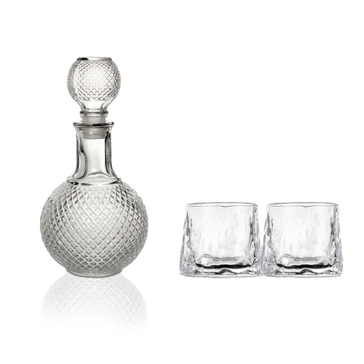 SET BOTTIGLIA SFERA IN VETRO DA 1 LITRO CON 2 BICCHIERI DA LIQUORE ROYAL CAPIENZA 150 ML