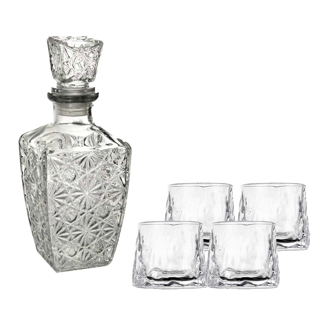 SET BOTTIGLIA DIAMOND IN VETRO DA 1 LITRO CON 4 BICCHIERI DA LIQUORE ROYAL CAPIENZA 150 ML