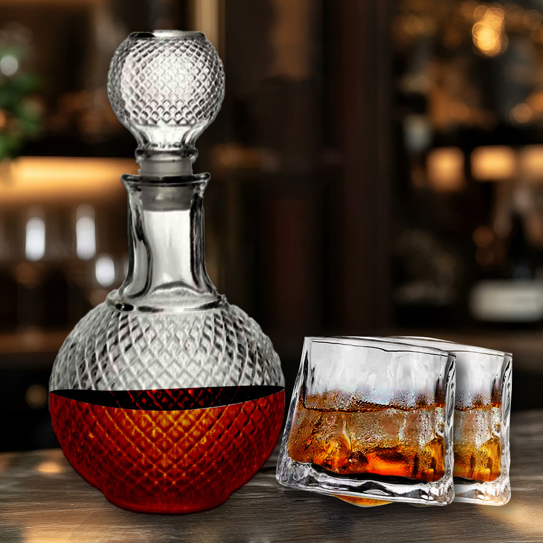 SET BOTTIGLIA SFERA IN VETRO DA 1 LITRO CON 2 BICCHIERI DA LIQUORE ROYAL CAPIENZA 150 ML