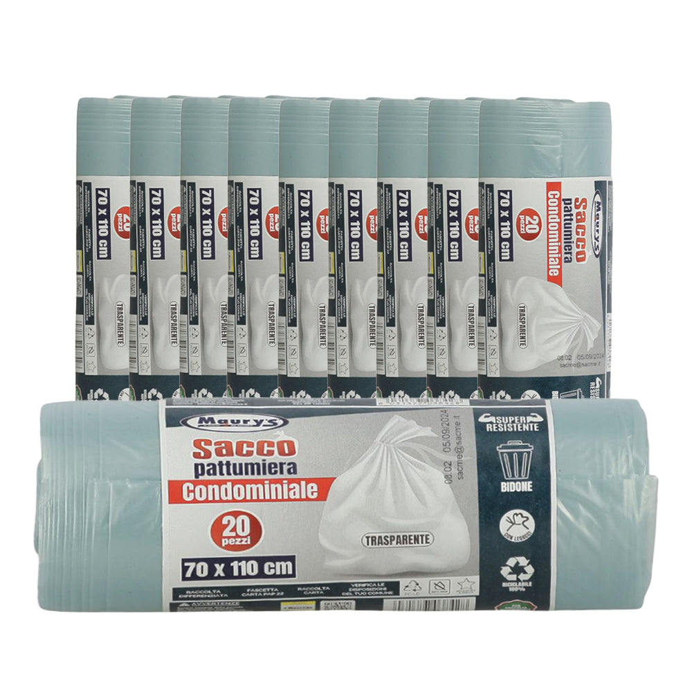 MAURY'S SACCHI PER PATTUMIERA 70X110 CM 10 CONFEZIONI DA 20 PEZZI IN COLORE TRASPARENTE