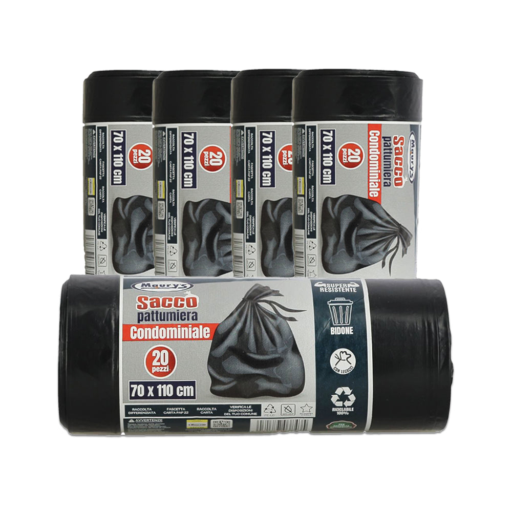 MAURY'S SACCHI PER PATTUMIERA 70X110 CM 5 CONFEZIONI DA 20 PEZZI IN COLORE NERO