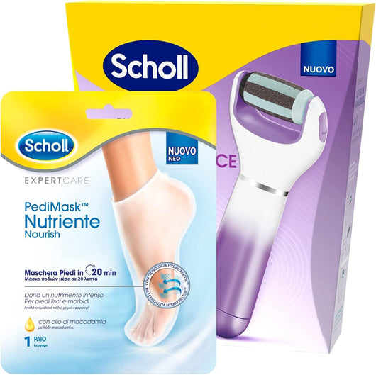 SHOLL ROLL LEVIGA PIEDI ELETTRONICO 2IN1 RIMUOVE CALLI E DURONI + PEDIMASK MASCHERA PIEDI NUTRIENTE 1 PAIO DI CALZINI