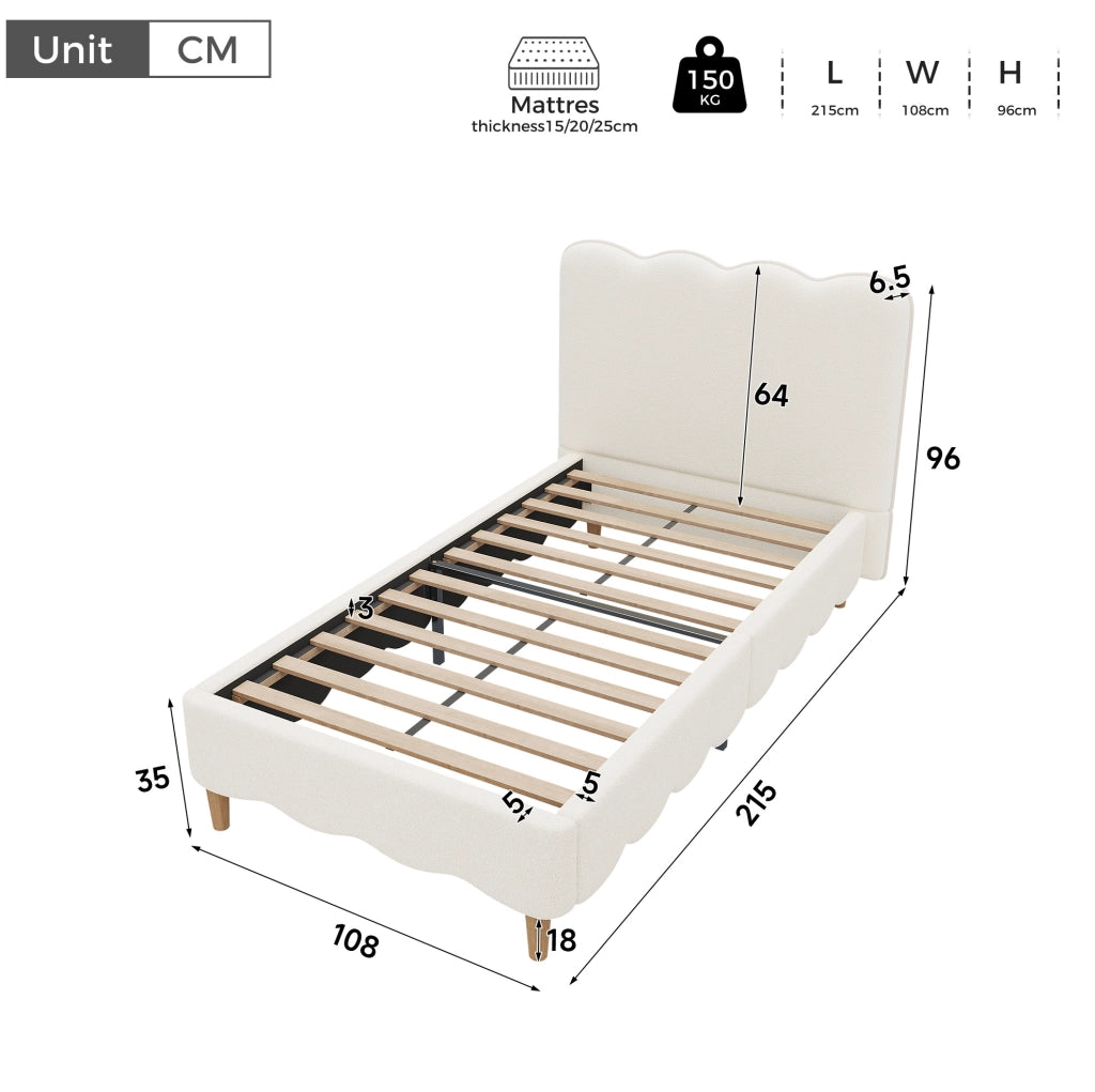 Letto singolo imbottito 90x200 cm con rete e testiera in bouclé bianco