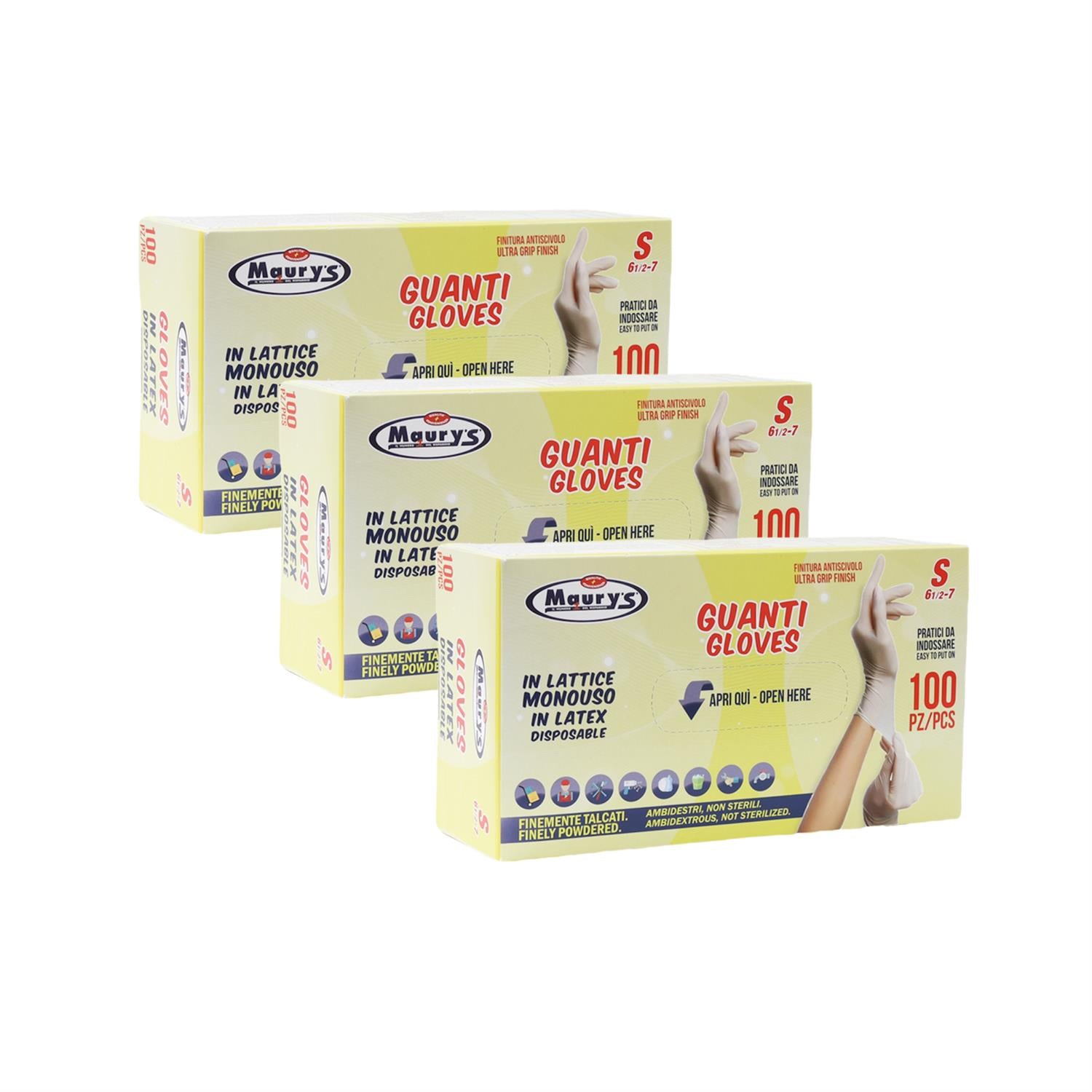 KIT SET 3 PZ MAURY'S GUANTI IN LATTICE IN CONFEZIONE DA 100 PEZZI TAGLIA S
