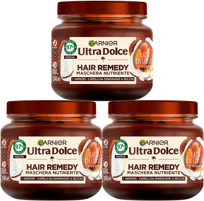 SET 3 GARNIER ULTRA DOLCE MASCHERA CAPELLI DA DISIDRATATI A SECCHI AZIONE IN 1 MINUTO CON LATTE DI COCCO E MACADAMIA 340 ML