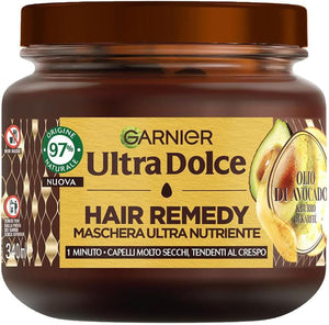 GARNIER ULTRA DOLCE 3 MASCHERE NUTRIENTE PER CAPELLI SECCHI E CRESPI IN 1 MINUTO AVOCADO E BURRO DI KARITÉ 340 ML