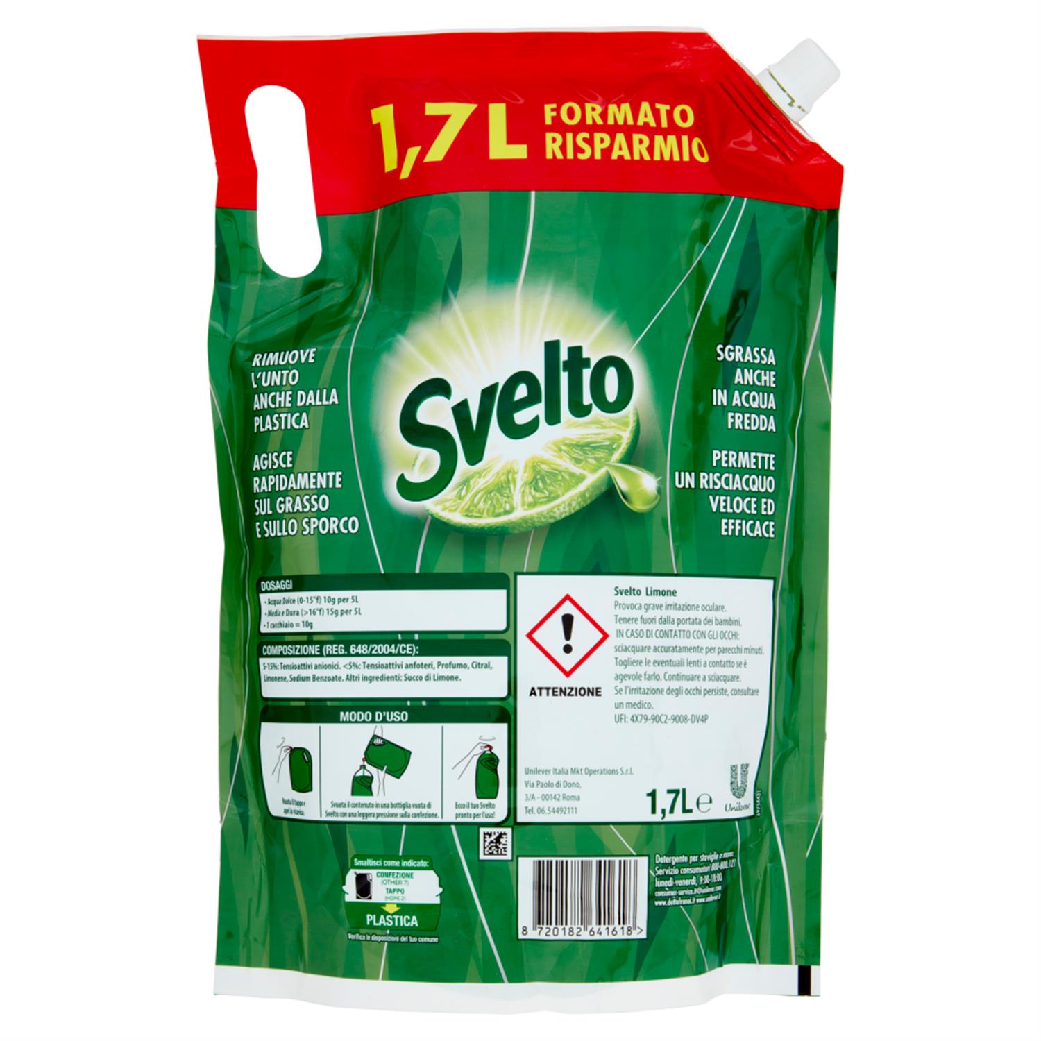 SVELTO DETERGENTE PIATTI RICARICA BUSTA 1, 7 LT LIMONE